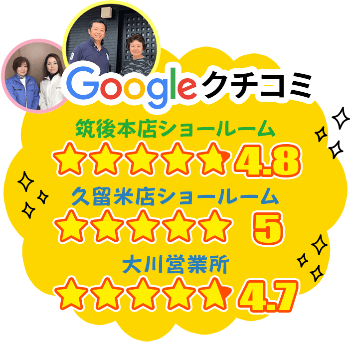 Googleクチコミ 筑後本店ショールーム☆4.8 久留米店ショールーム☆5 大川営業所☆4.7