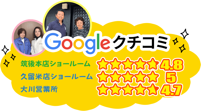 Googleクチコミ 筑後本店ショールーム☆4.8 久留米店ショールーム☆5 大川営業所☆4.7